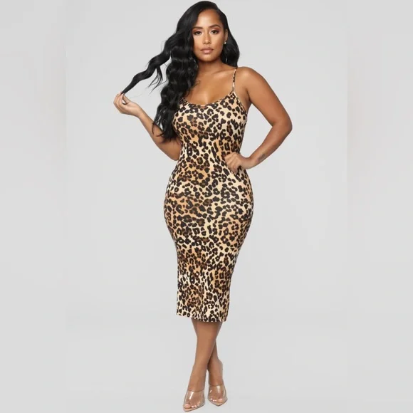 Fashion Nova Women Body Con Midi Dress Brown Leopard